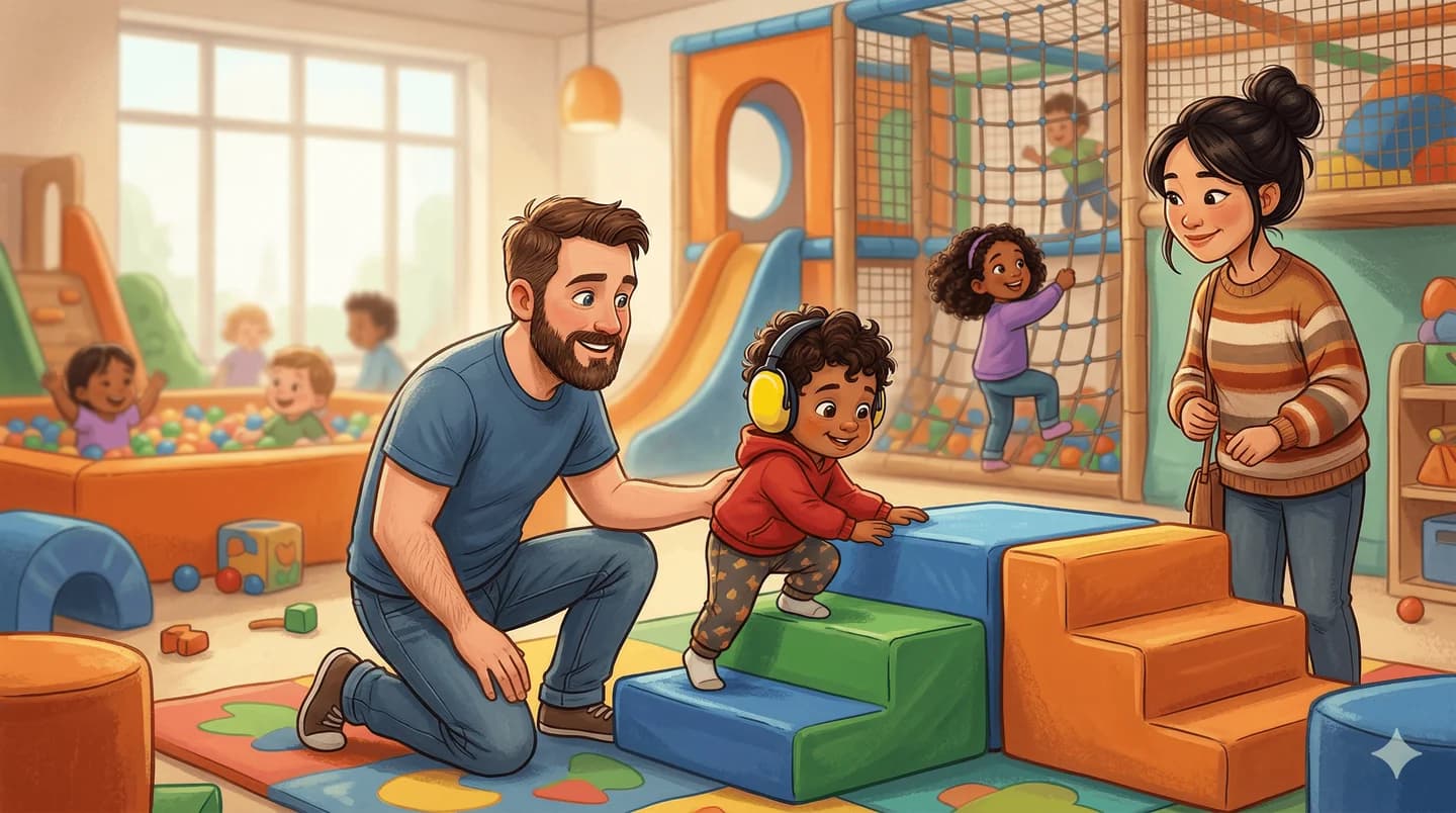 A family with a young child wearing ear defenders enjoying soft play together